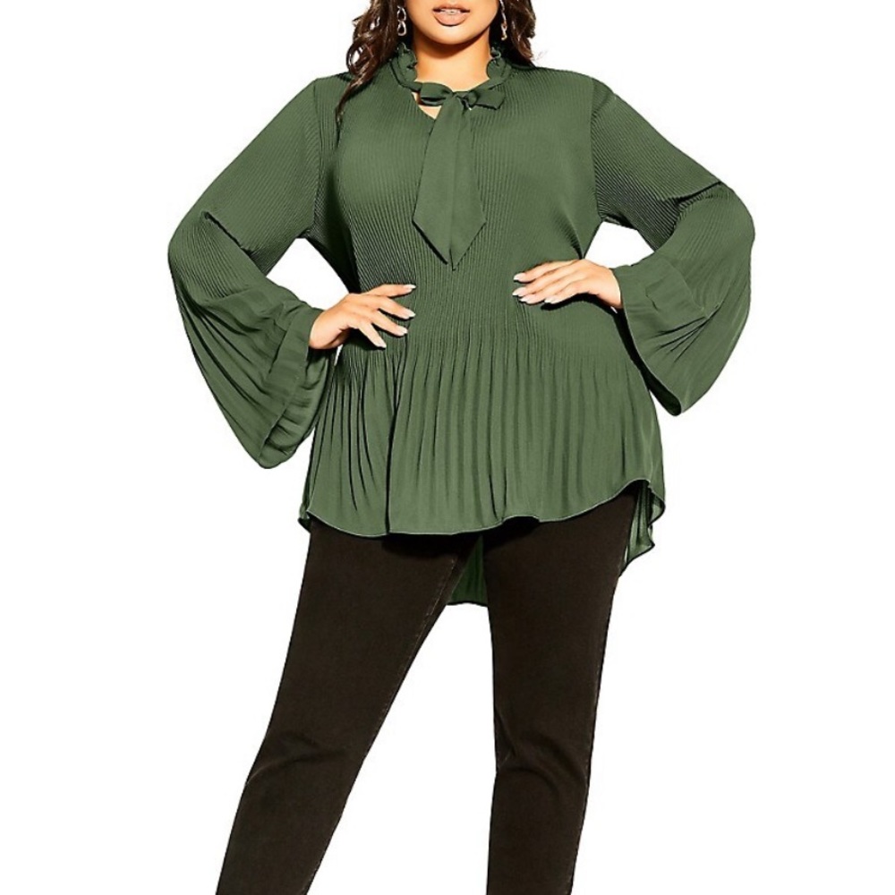 City Chic Green Pleated Forbidden Blouse with Neck Tie
